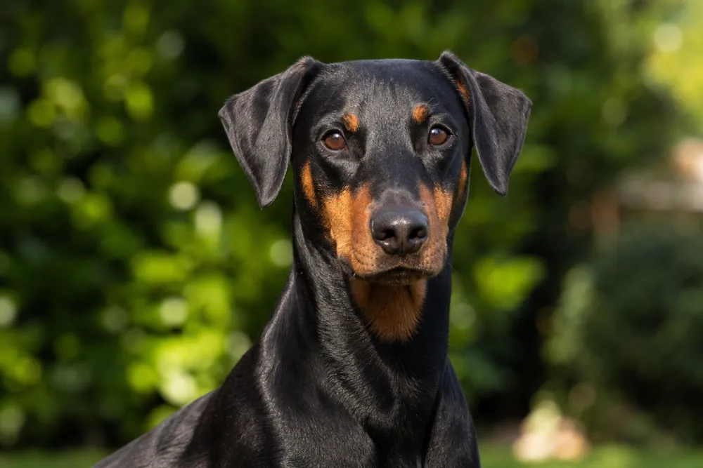 Pinscher allemand au poil court noir et feu, oreilles tombantes naturelles, en extérieur