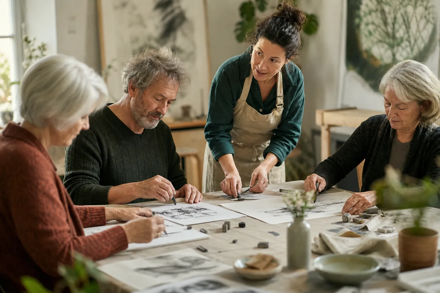 Adultes participant à un atelier de dessin dans une grande salle