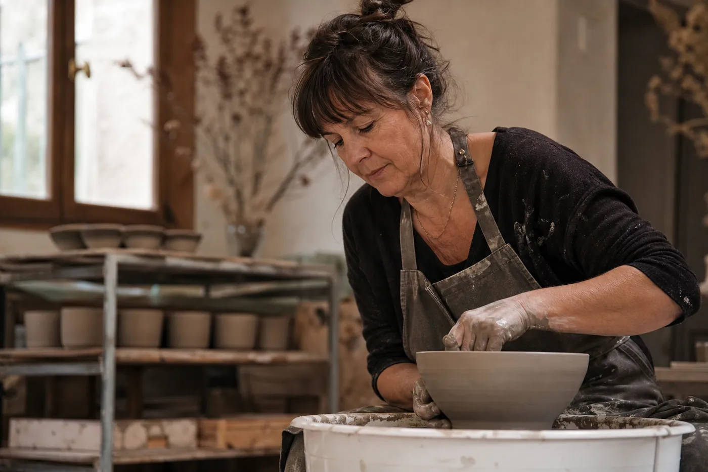 Artisane céramiste façonnant une pièce dans son atelier