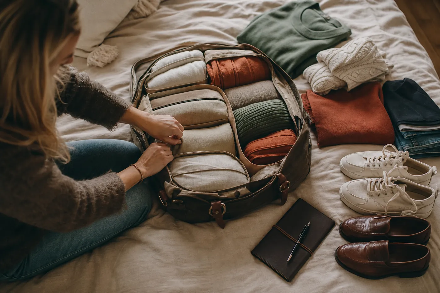Petit bagage ouvert contenant des vêtements sobres et bien pliés