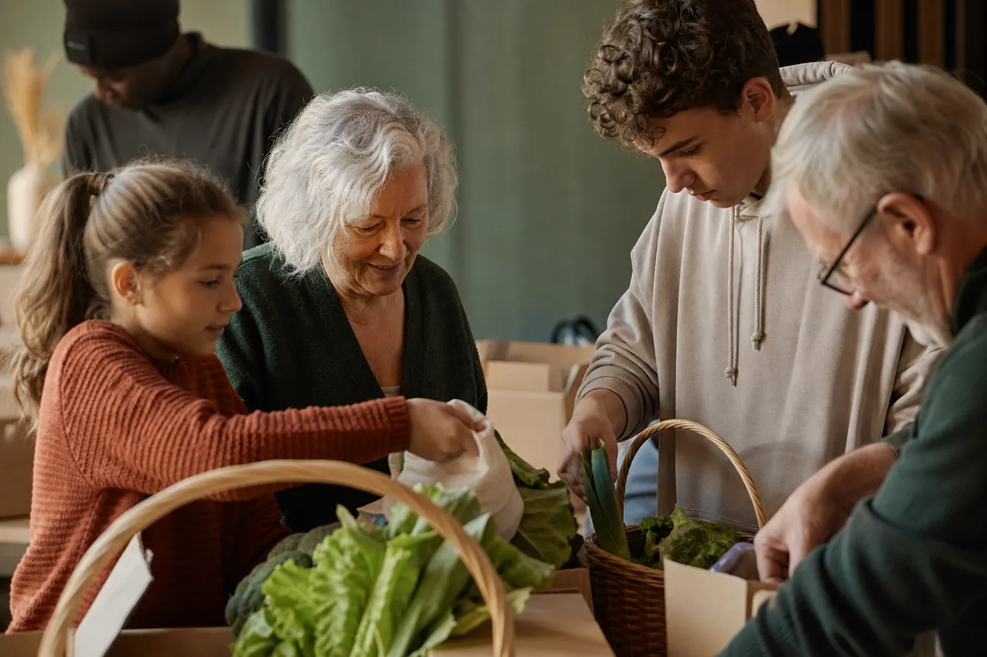 Bénévoles préparant ensemble des paniers dans un local associatif
