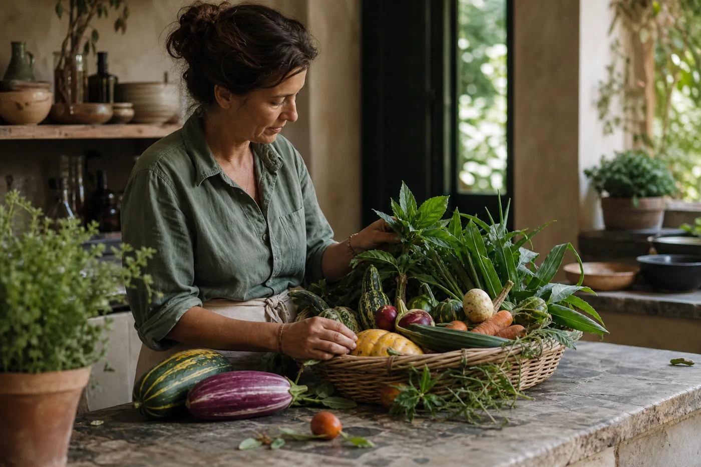 Panier de légumes de saison posé sur un plan de travail