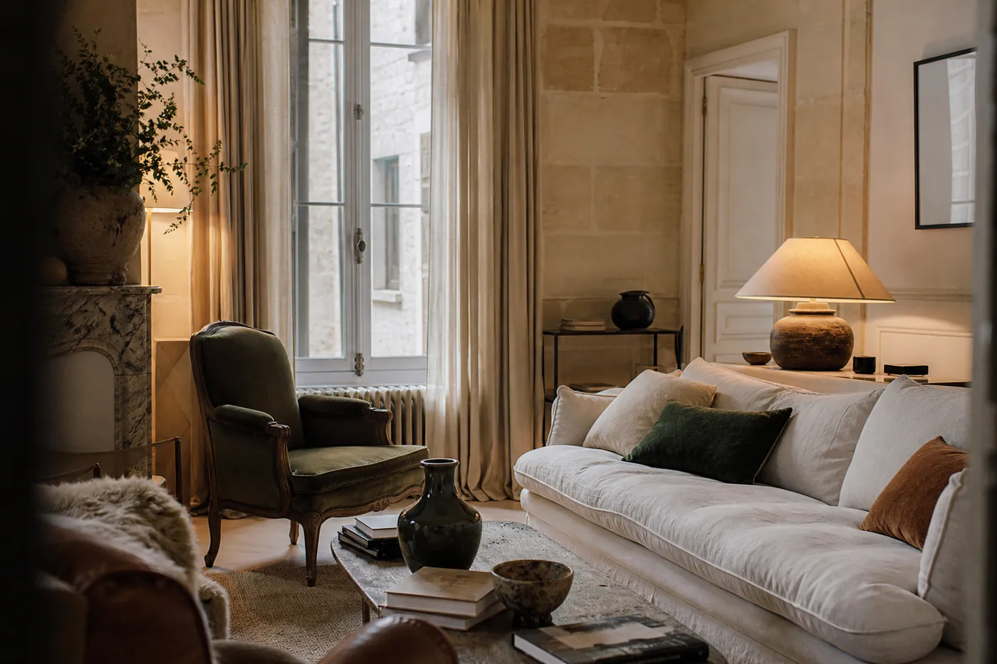 Salon lumineux aux matières naturelles et à la décoration sobre