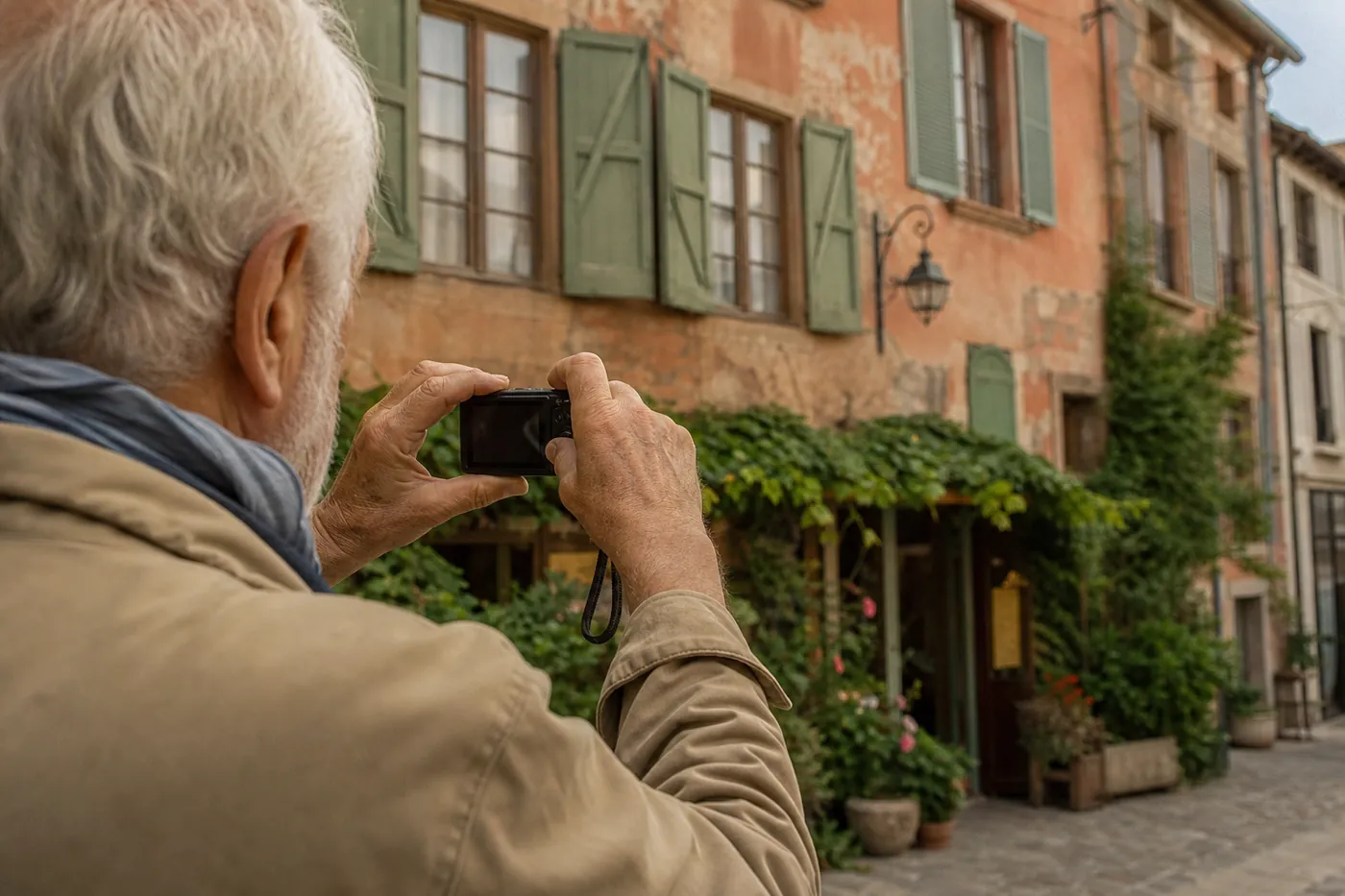 Main cadrant une façade colorée avec un appareil photo compact