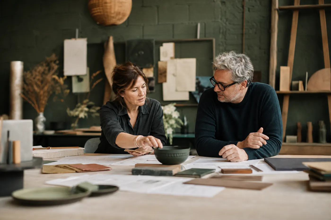 Deux créateurs échangeant autour d'une grande table de travail