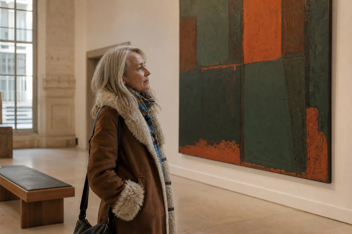 Visiteuse observant une grande peinture dans un musée calme