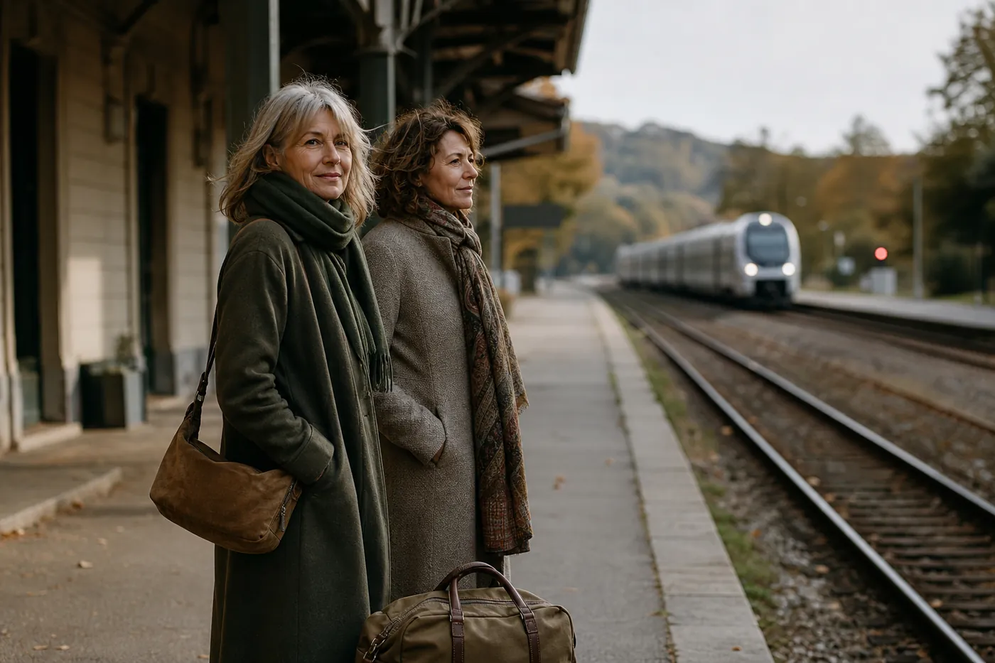 Voyageurs sur le quai d'une petite gare française