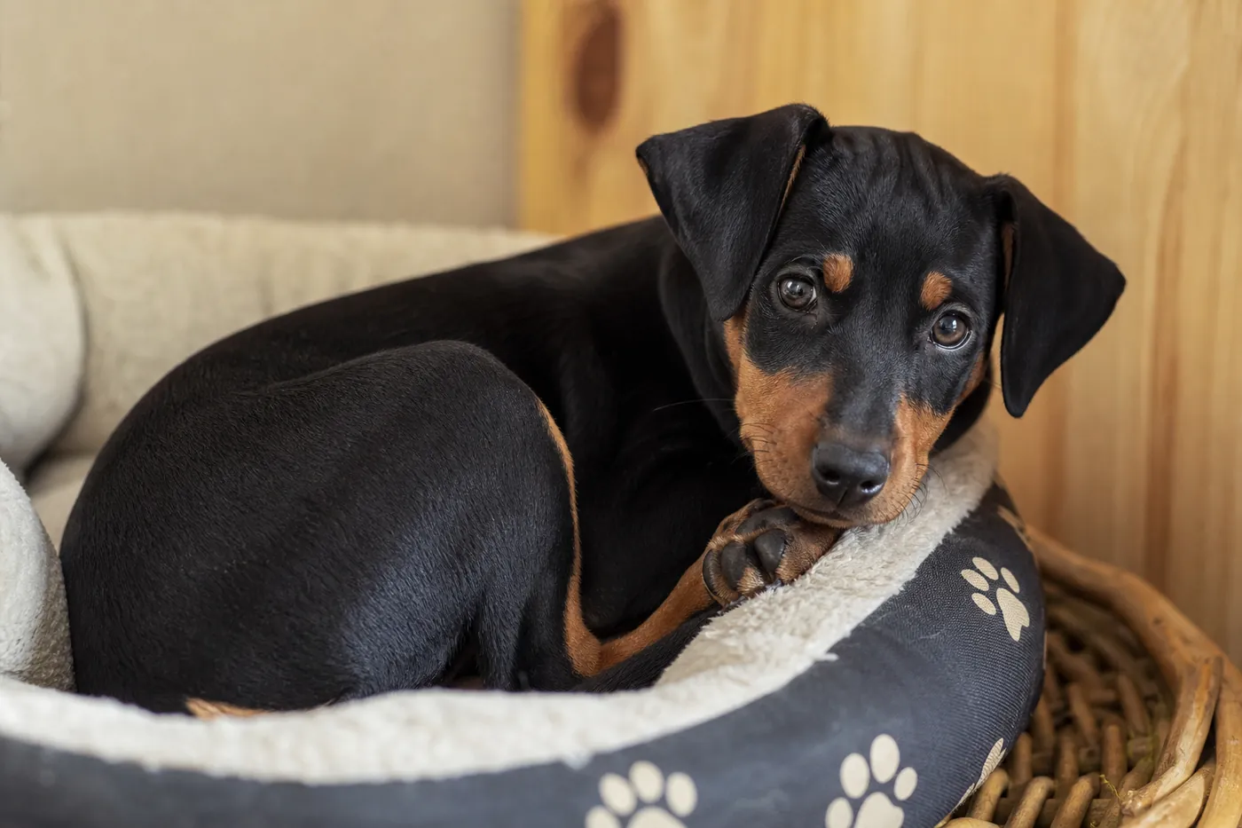 Jeune pinscher installé dans un panier confortable