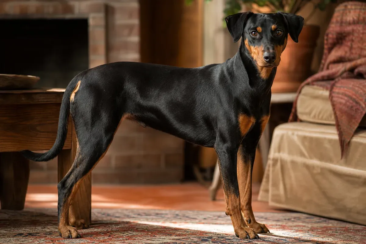 Pinscher allemand au poil court noir et feu, silhouette athlétique et oreilles tombantes naturelles, posture alerte dans un intérieur chaleureux